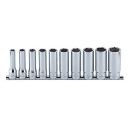 SOCKET SET ON RAIL 1/2DR 10-22MM DEEP 10PC