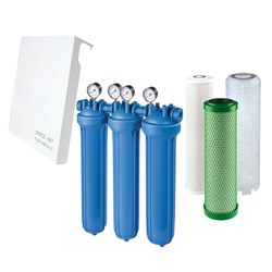 Atlas Filtri Whole House POLY TRIO Kit Inc. Polyphosphate, 5Mic Carbon & 10Mic Pleated Cartridges