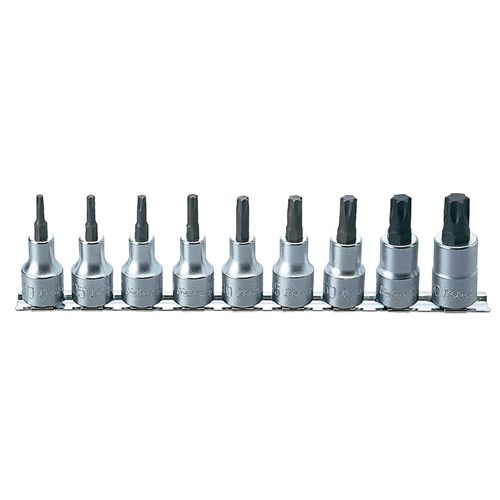 SOCKET SET ON RAIL 1/2DR TORX-9PCS T20-T60,60MM