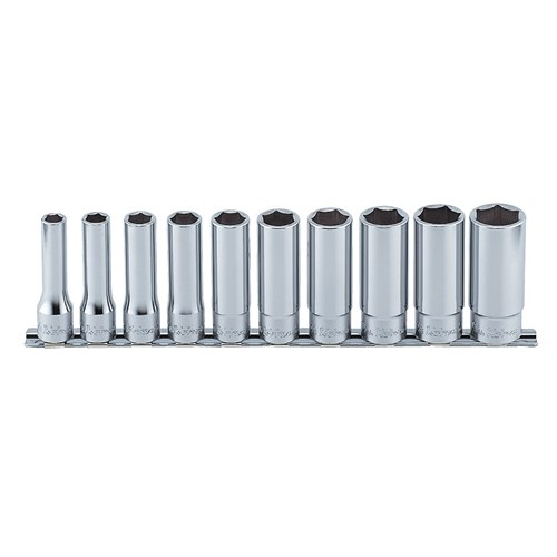 SOCKET SET ON RAIL 1/2DR 10-22MM DEEP 10PC