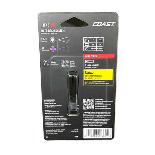 Coast HX3-BLISTER-PACK 120 Lumens Utility Beam Bodylight Torch (White + UV)